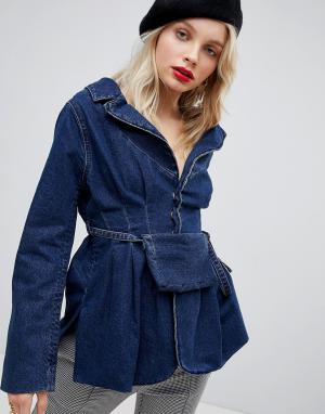 Приталенная джинсовая куртка с сумкой-кошельком на пояс -Синий ASOS DESIGN