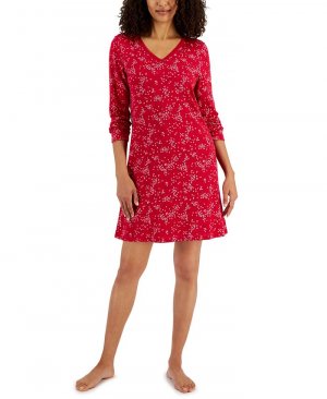 Женская хлопковая ночная рубашка с длинными рукавами и кружевной отделкой , красный Charter Club