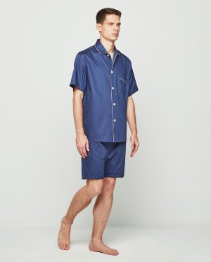 Мужская короткая однотонная атласная хлопковая пижама темно-синего цвета , темно-синий Mirto