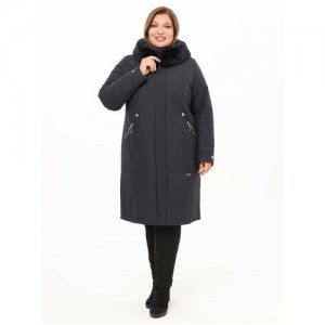 Пальто женское зимнее кармельстиль с натуральным мехом кролик больших размеров Karmel Style. Цвет: синий