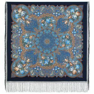 Платок ,148х148 см, голубой, коричневый Павловопосадская платочная мануфактура. Цвет: синий