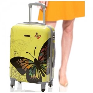Чемодан на колесах дорожный средний багаж для путешествий девочки s+ размер С+ 60 см 52 л легкий 2.6 кг прочный поликарбонат Желтый рисунок TEVIN. Цвет: желтый/черный