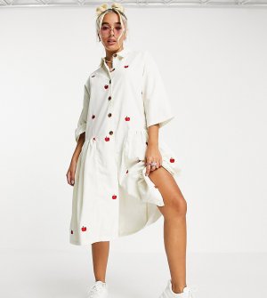 Oversized-платье с присборенной юбкой миди из вельвета в рубчик вышивкой яблок -Белый Native Youth