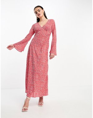 Гламурное красное свободное платье миди с длинными рукавами и v-образным вырезом Glamorous