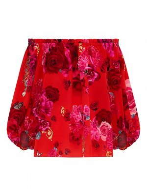 Шелковая блузка с цветочным принтом и открытыми плечами Camilla, цвет italian rosa CAMILLA
