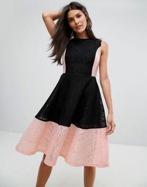 Короткое приталенное платье с кружевной отделкой Zibi London. Цвет: черный