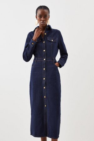 Джинсовое платье-рубашка миди с длинными рукавами , синий Karen Millen