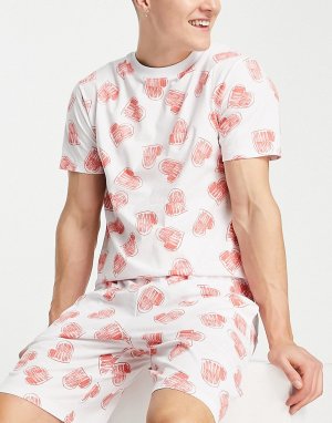 Пижамный комплект белого цвета из футболки и шорт с принтом сердечек Valentines-Белый ASOS DESIGN