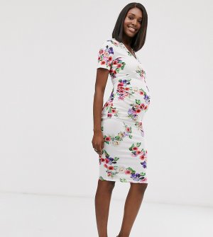 Эксклюзивное эластичное платье миди кремового цвета с запахом спереди и цветочным принтом -Кремовый Blume Maternity