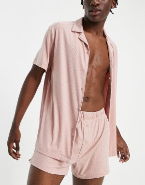 Пижамный комплект в рубчик розовато-лилового цвета из рубашки и шорт -Розовый цвет ASOS DESIGN