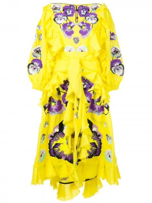 Платье с оборками и вышитыми анютиными глазками Yuliya Magdych. Цвет: желтый w/purple