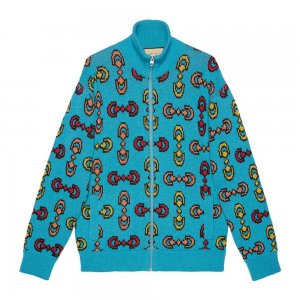 Куртка-бомбер Horsebit Jacquard Wool Knit, голубой Gucci