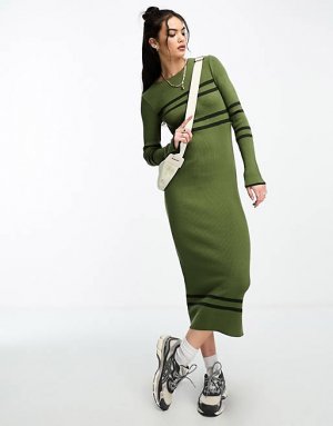 Трикотажное платье цвета хаки со спортивной полоской DESIGN Asos