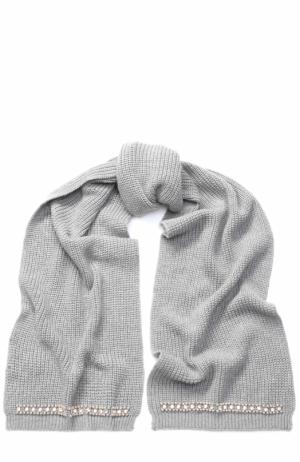 Шерстяной шарф фактурной вязки с декоративной отделкой Blugirl. Цвет: серый