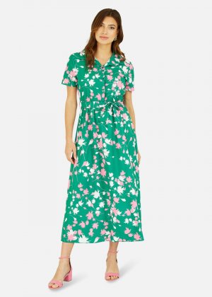 Зеленое платье-рубашка миди с цветочным принтом Yumi