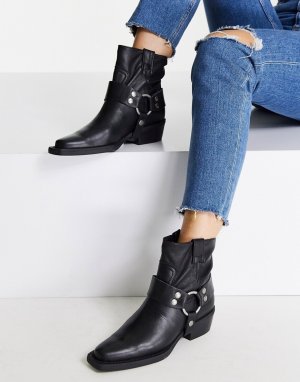 Черные кожаные ботинки в стиле вестерн на каблуках и с ремешками -Черный цвет Bronx