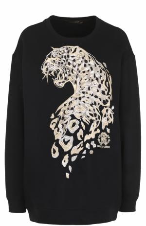 Удлиненный свитшот с вышивкой в виде леопарда Roberto Cavalli. Цвет: черный