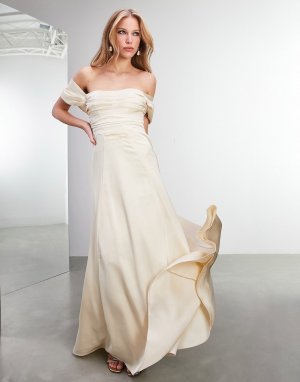 Атласное свадебное платье с присборенным лифом и открытыми плечами Phillipa-Золотистый ASOS EDITION