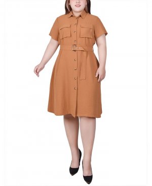 Платье-рубашка больших размеров с короткими рукавами и поясом NY Collection, коричневый Collection