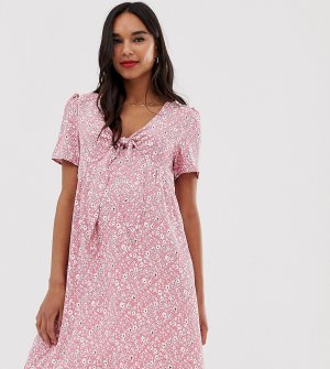 Платье мини с мелким цветочным принтом, короткими рукавами и завязкой -Розовый Glamorous Bloom