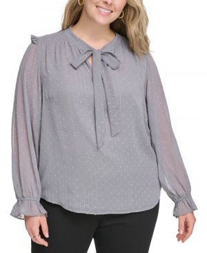 Блузка больших размеров с завязкой на воротнике и зажимом в горошек , серый Calvin Klein