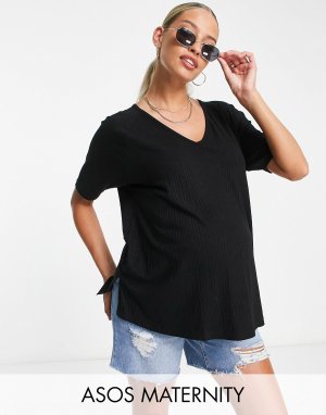 Черная футболка оверсайз с v-образным вырезом в рубчик ASOS DESIGN Maternity