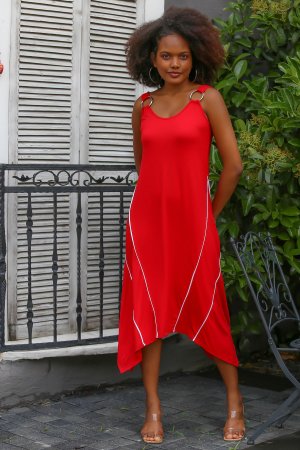 Женское красное повседневное трикотажное платье трапециевидной формы с v-образным вырезом на бретельках из вискозной окантовки , красный Chiccy