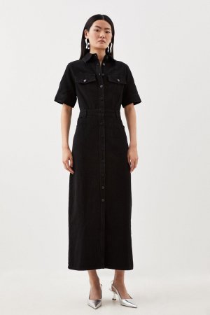 Джинсовое платье-рубашка макси , черный Karen Millen