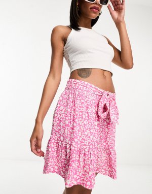 Розово-кремовая мини-юбка с цветочным принтом и завязками на талии JDY