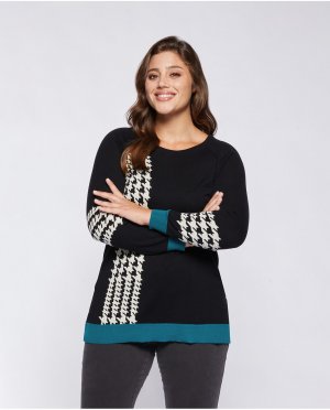 Женский свитер с круглым вырезом и деталями в ломаную клетку , черный Fiorella Rubino. Цвет: черный
