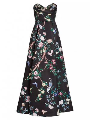 Атласное платье без бретелек с цветочным принтом , черный Marchesa Notte