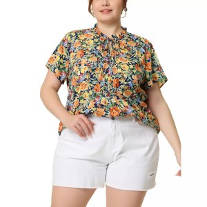 Женская весенняя блузка больших размеров с цветочным принтом и завязками на шее, короткими рукавами , белый Agnes Orinda