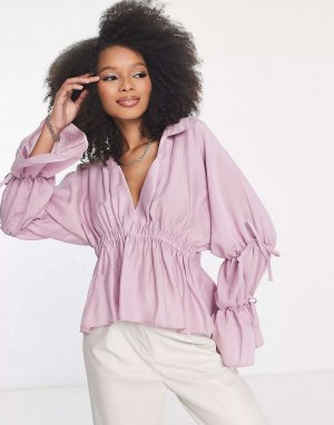 Мягкая блузка с объемными рукавами на завязках ASOS розовато-лилового цвета