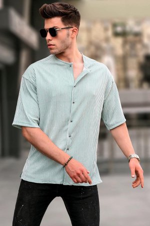 Мятно-зеленая рубашка в полоску с коротким рукавом и воротником 5863 Madmext