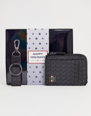 Подарочный набор с кошельком для карт на молнии и брелоком ключей черного цвета монограммой -Черный Tommy Hilfiger