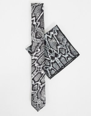 Комплект из узкого галстука и платка для нагрудного кармана со змеиным принтом -Черный Bolongaro Trevor