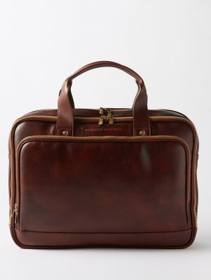 Кожаный портфель на двух молниях , коричневый Brunello Cucinelli