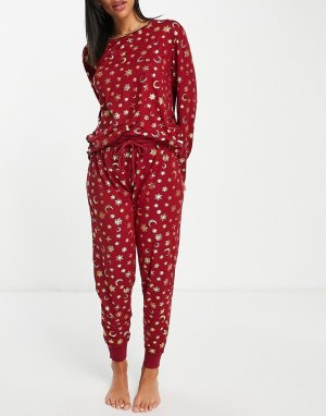 Пижама с лонгсливом и джоггерами из экологичного полиэстера винного цвета со звездным принтом -Красный Chelsea Peers