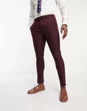Бордовые костюмные брюки из смесовой шерсти с узором «в елочку» Asos. Цвет: красный