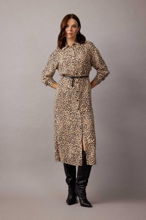 Платье миди с длинными рукавами и леопардовым узором , бежевый DeFacto