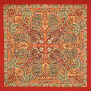 Платок ,125х125 см, красный, оранжевый Павловопосадская платочная мануфактура. Цвет: красный