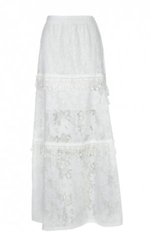 Кружевная юбка-макси с декоративной отделкой Elie Tahari. Цвет: белый