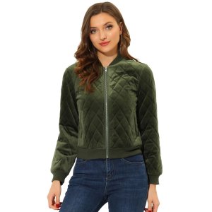 Женская зимняя стеганая куртка-бомбер с бархатной поверхностью на молнии и карманами , зеленый ALLEGRA K