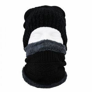 Комплект бини зимний с искусственным мехом шапка + шарф цвет черный, размер OneSize, серый Kamukamu. Цвет: черный/серый