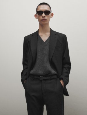 Серый фланелевый костюмный пиджак , Massimo Dutti
