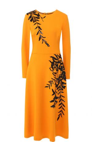 Шерстяное платье-миди с декоративной отделкой Oscar de la Renta. Цвет: желтый