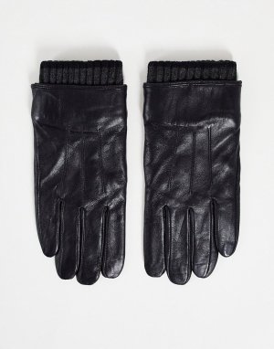 Черные кожаные перчатки с манжетами в рубчик -Черный цвет Boardmans