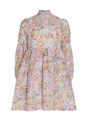 Корректное присборенное мини-платье с цветочным принтом MUNTHE, слоновая кость Munthe