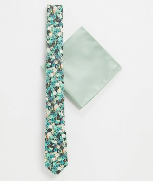 Узкий галстук с цветочным принтом и платок для пиджака мятно-зеленого цвета -Зеленый ASOS DESIGN