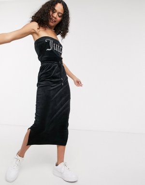 Черная велюровая юбка-карандаш с логотипом из стразов -Черный Juicy Couture